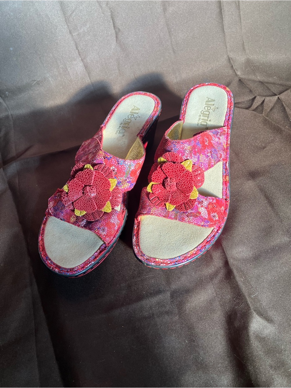Alegria Pink-Red Floral Slide Mules
